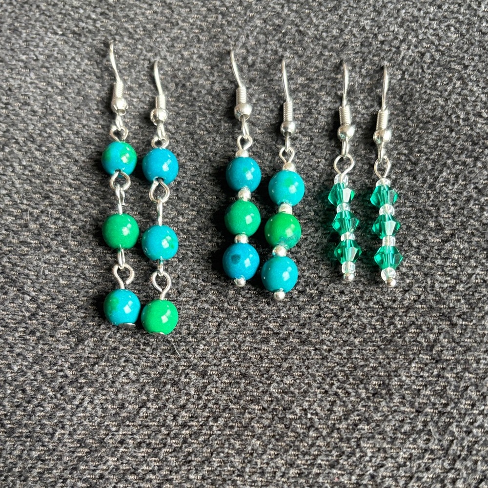 Elegant Green and Blue Beaded Earrings Hand Crafted set of 3 - Picture 3 of 9